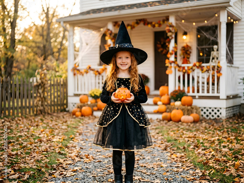 Little girl in witch costume holding pumpkin for Halloween trick or treat at home porch