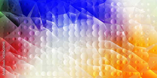 Colorful Abstract Geometric Background with Blue Red Orange Yellow Dots and Faceted Polygon Pattern.