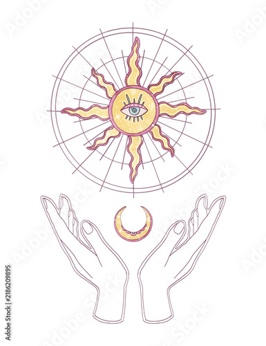 Esoteric illustration line art hands, pastel sun, all-seeing eye and crescent moon. Watercolor hand drawn composition isolated on white background. Graphic sacred geometry for textile, tarot cards