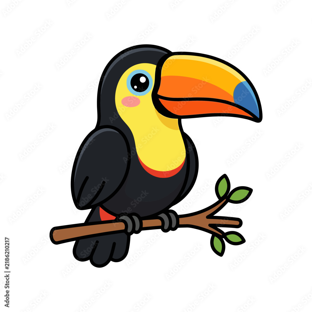 Obraz premium Colorful cartoon toucan perched on branch with bright beak and lush feathers.