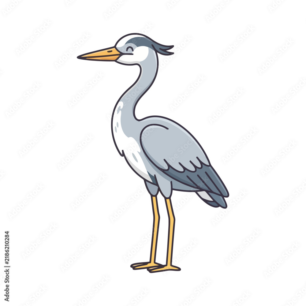 Fototapeta premium Illustrated heron with gray and blue feathers on white background.