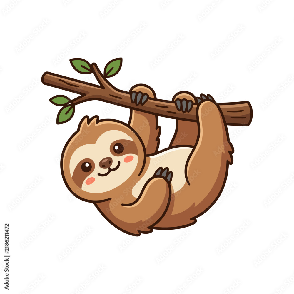 Obraz premium Cute cartoon sloth hanging on tree branch with leaves.