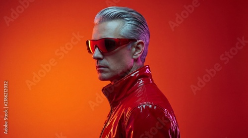 A man with silver hair and red sunglasses, wearing a red shiny jacket, poses against a vibrant red and orange gradient background, exuding confidence and a futuristic aesthetic.
