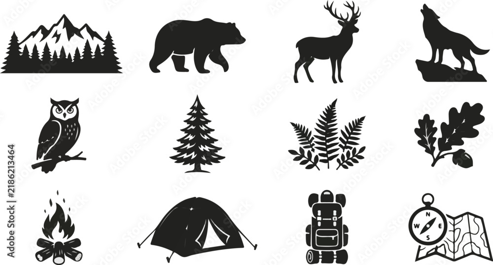 Fototapeta premium Black Woodland Bear Deer Evergreen Tree and Botanical Silhouette Set