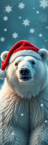 Furry white polar bear donning a festive red Santa hat, surrounded by snowflakes, holiday, Santa hat