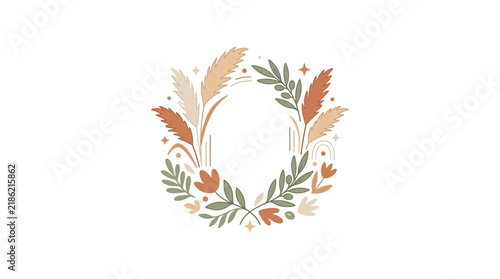 Boho Floral Wreath with Pampas Grass and Olive Branches, Minimalist Botanical Frame in Earthy Tones, Hand-Drawn Wedding Border Illustration