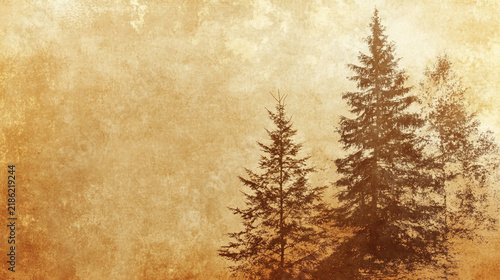 Two pine trees on a textured vintage paper background with aged texture coniferous trees old parchment nature art rustic background tree silhouett