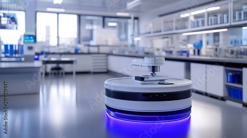 Autonomous mobile robot operating on the floor of a clean pharmaceutical laboratory with high tech laboratory pharmaceutical research automation