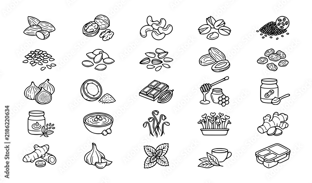 Obraz premium Healthy Snacks Superfoods and Natural Ingredients Thin Line Icons