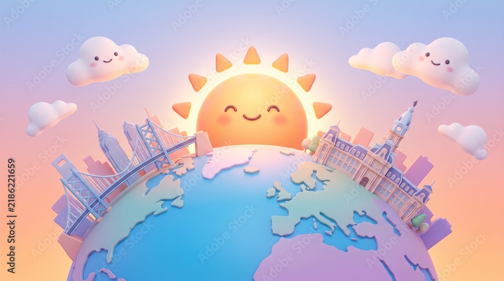 Naklejka premium A 3D cartoon illustration of the Philadelphia city skyline, featuring City Hall and the Ben Franklin Bridge, on a miniature Earth globe with a cheerful smiling sun and cute clouds during a soft pastel