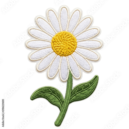  White daisy flower with leaf embroidered patch, isolated background