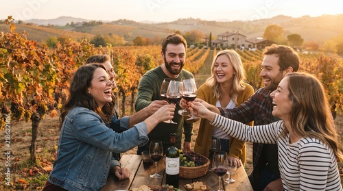 Happy Friends Toasting with Red Wine in Autumn Vineyard - Wine Tasting and Celebration at Winery with Rustic Villa Background