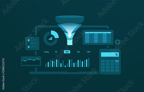 CRM analytics with customer data, sales metrics and dashboard reporting across relationship workflows. Customer analytics tracks pipeline, retention, revenue and account data, vector illustration.