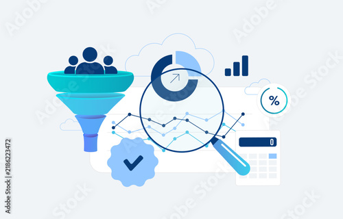 Marketing funnel analytics with conversion stages, lead flow and metrics. Funnel analysis tracks prospects, drop-off points and campaign conversion across customer journeys, vector illustration.