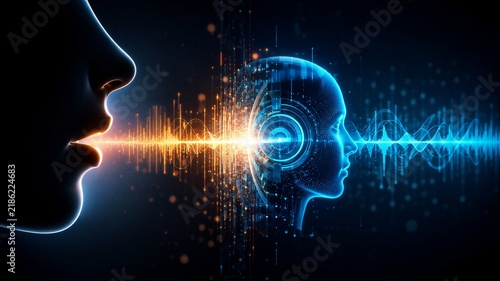 Human voice profile speaking into artificial intelligence algorithm depicting voice dubbing technology and AI-powered voice synthesis for multilingual audio production