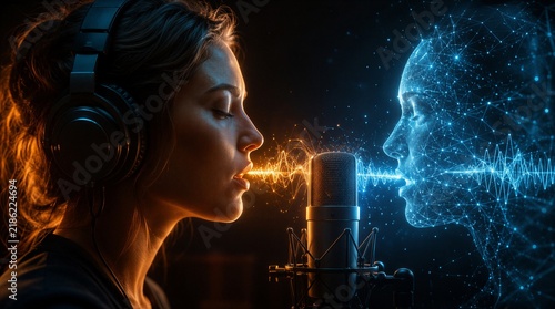 Woman's voice profile digitally cloned and synthesized by artificial intelligence depicting voice dubbing technology and AI voice generation for multilingual content