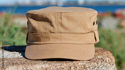 A casual tan cap rests on a textured stone near the water.