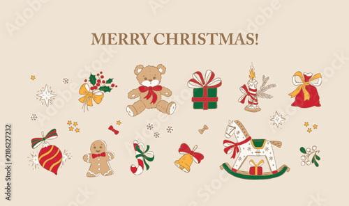 Christmas illustration set with New Year gifts and Christmas tree ornaments. Merry Christmas card