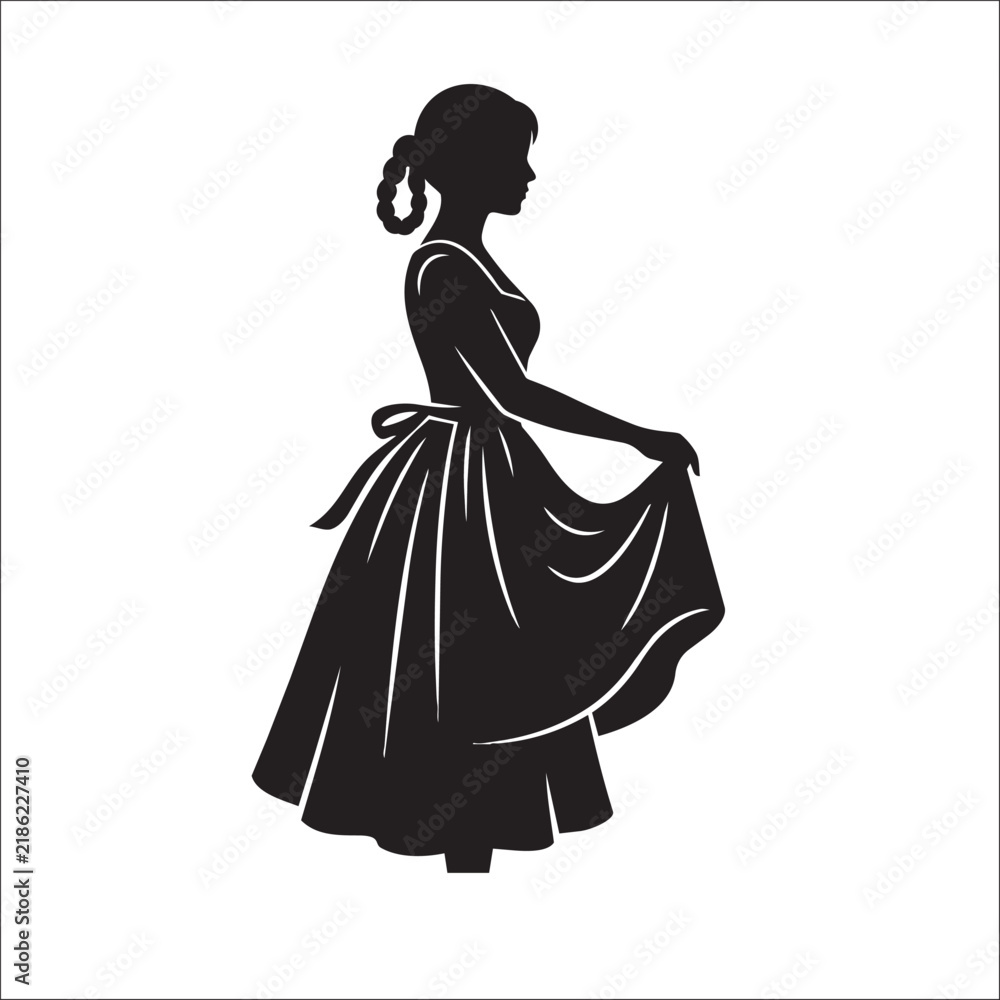 Fototapeta premium Woman Walking in Long Flowing Dress Silhouette Vector Illustration