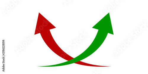 Принти на полотні Dynamic red and green curved arrows crossing, symbolizing opposing trends, market fluctuations, or comparative data growth