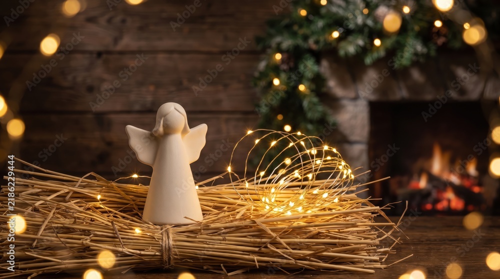 Fototapeta premium minimalist white angel figurine on straw with glowing fairy lights. blurred rustic wooden background with cozy fireplace. christmas winter holiday decoration, greeting card, festive backdrop.