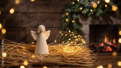 minimalist white angel figurine on straw with glowing fairy lights. blurred rustic wooden background with cozy fireplace. christmas winter holiday decoration, greeting card, festive backdrop.