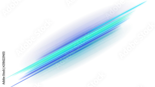Abstract cool blue and cyan glowing light streak. Diagonal motion blur speed line and light beam effect on white background.