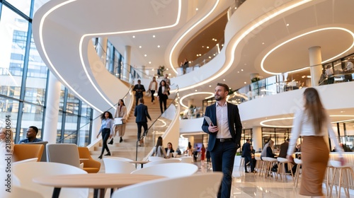 Professionals ascend and descend a grand modern staircase in a bright, spacious atrium.