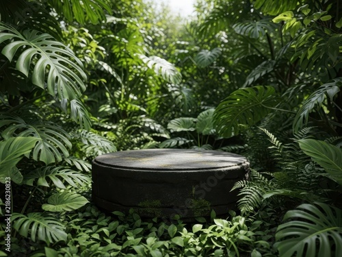 Modern table surrounded by lush tropical greenery