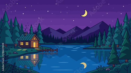 Flat line art vector illustration of a cozy wooden cabin by a mountain lake under a starry night sky with crescent moon