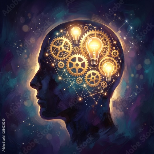 Human head profile silhouette filled with glowing golden gears and light bulbs symbolizing artificial intelligence innovation creative thinking concept