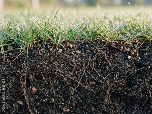 Grass roots in fertile soil cross-section with morning dew drops on green turf