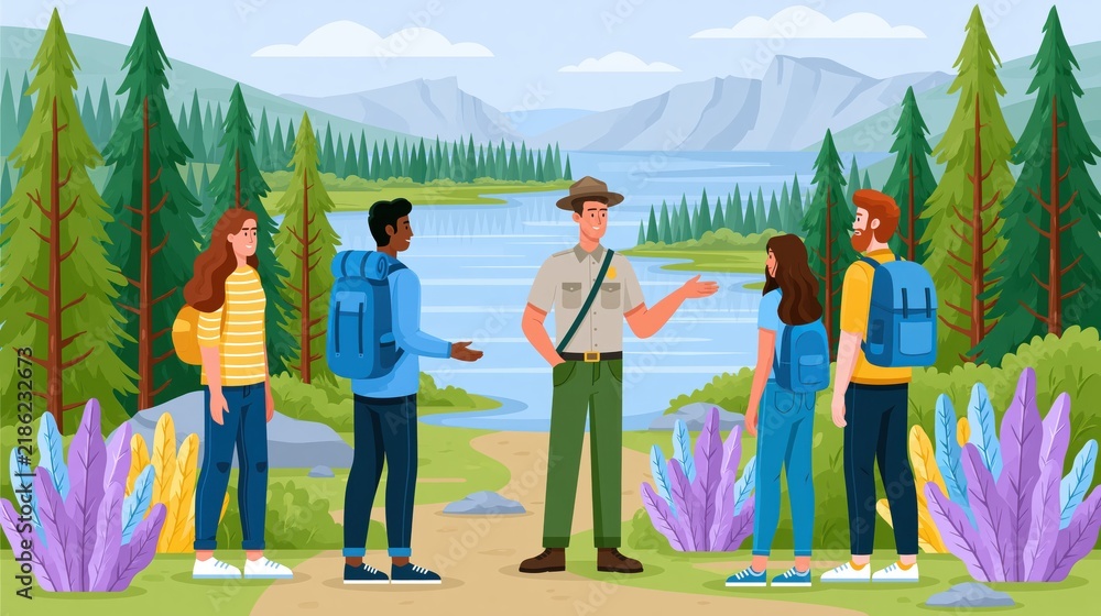 Obraz premium Park ranger guiding tourists in a serene mountain landscape with a calm lake and pine forest during daylight