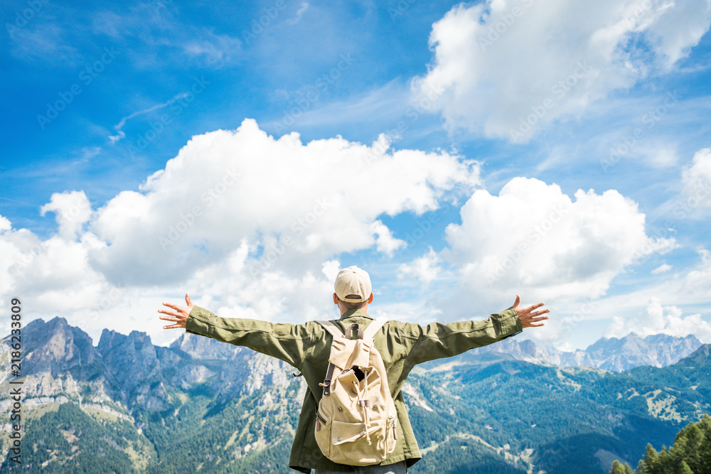 Fototapeta premium Happy hiker with arms up stading on top of the mountain - Successful and sport life style concept