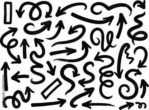 Hand drawn pointer symbols with black curves and arrow symbols