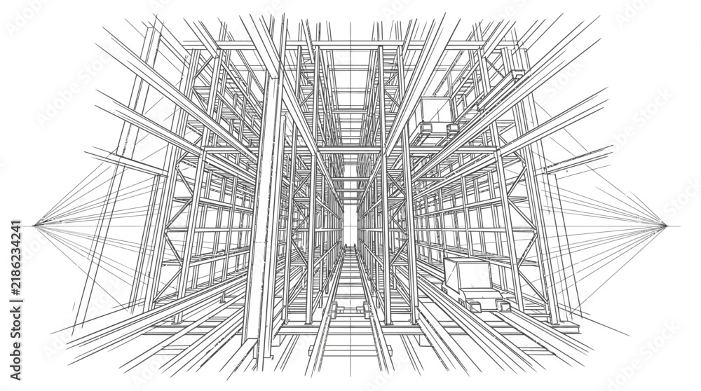 Fototapeta premium Industrial warehouse interior with empty high-rise racks and automated storage system in a perspective line art illustration.