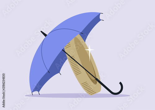 Insurance concept, A metal coin hidden under an open umbrella, financial instruments of protection