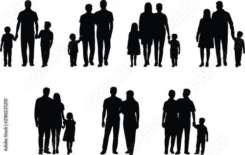 Set of black silhouettes depicting diverse family units, parents holding hands with children, and couples standing on white background