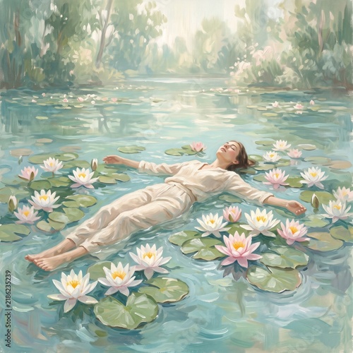 Serene oil painting of woman floating peacefully on clear pond water surrounded by blooming water lilies symbolizing inner peace and mindfulness