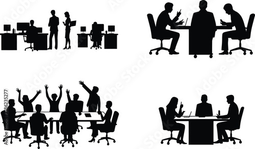 Set of black silhouettes depicting office workers, business meetings, and group discussions at desks and tables, isolated on white background
