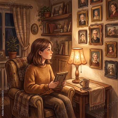Cozy illustration of young woman holding picture frame in armchair looking at gallery wall of ancestral family portraits depicting nostalgia and heritage