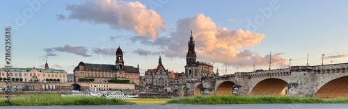 Landscape of historical buildings along the river at sunset in Dresden, Germany