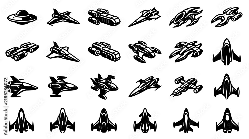 Fototapeta premium Spaceship icon collection showcases various extraterrestrial and futuristic vehicle designs, providing a versatile set for science fiction themes.