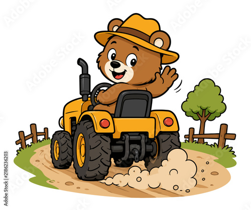 Farmer Driving a Tractor in Agricultural Field, Farming Machinery and Heavy Agricultural Vehicle for Agriculture, Transportation and Industrial Equipment Vector Illustration
