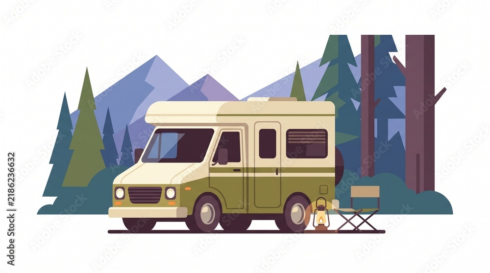 Obraz premium Camper Van in Mountain Nature Vector Illustration