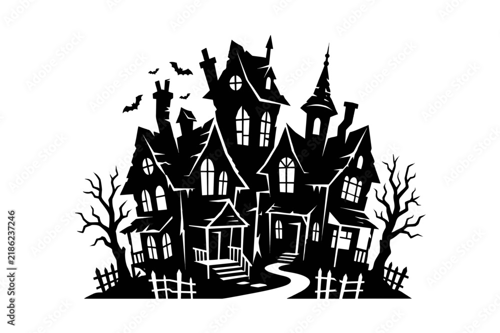 Fototapeta premium Spooky Halloween haunted house silhouette with creepy trees, bats, and broken fences isolated on white background.