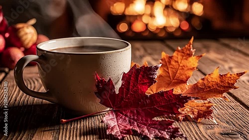 Steaming coffee mug resting on wooden planks next to vibrant autumn leaves animation video footage