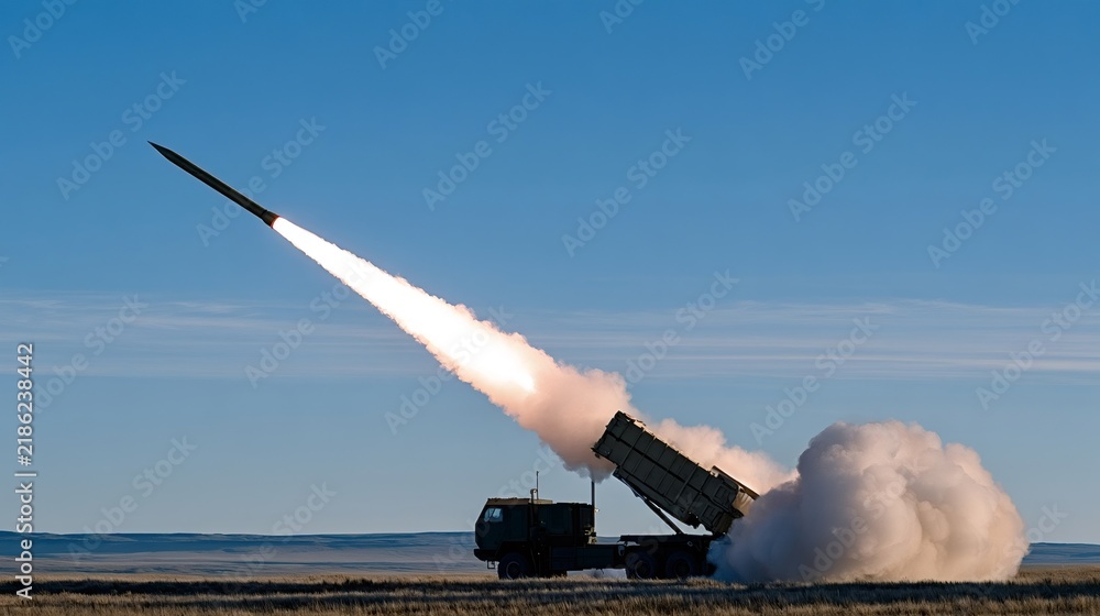 Obraz premium Military rocket launcher system firing a missile with a bright flame and smoke plume, demonstrating defense technology and warfare capabilities against a clear blue sky