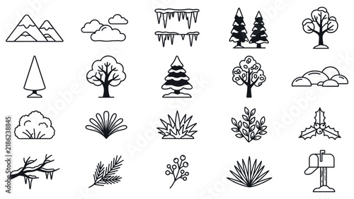 Winter outdoor icon collection with nature and landscape elements.