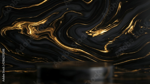 Black marble background with luxurious gold liquid veins for premium product display.